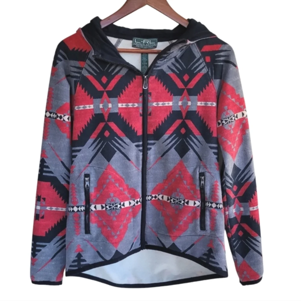 LRL Full Zip Hooded Jacket Red Gray Black Women's XS Western Oversized